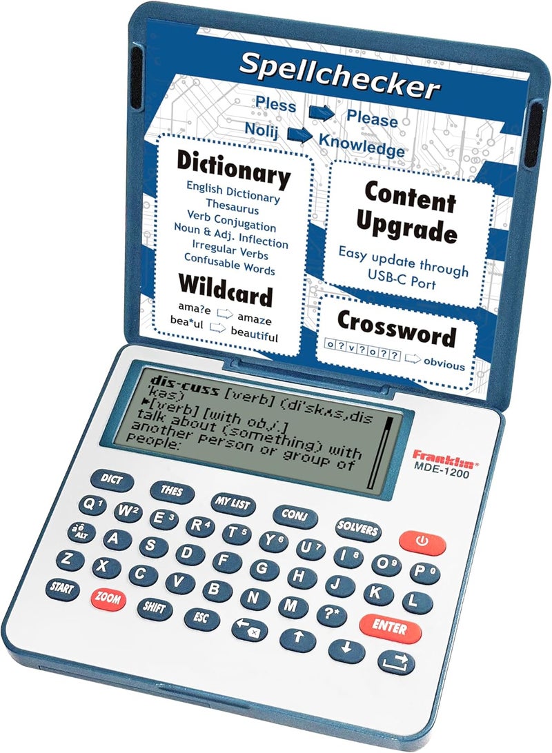 Franklin قاموس إلكتروني وموسوعة MDE-1200 – قاموس إنجليزي، مرادفات، مدقق إملائي، ألعاب كلمات، أدوات قواعد، قاموس رقمي، جهاز محمول بشاشة LCD - Image 1